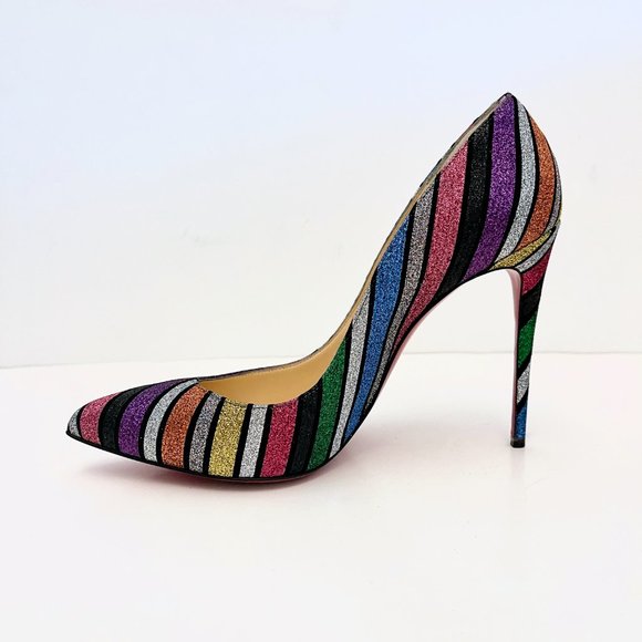 Christian Louboutin Pigalle Follies 100 Striped Glitter Pumps Rainbow Multicolor - Picture 7 of 14
